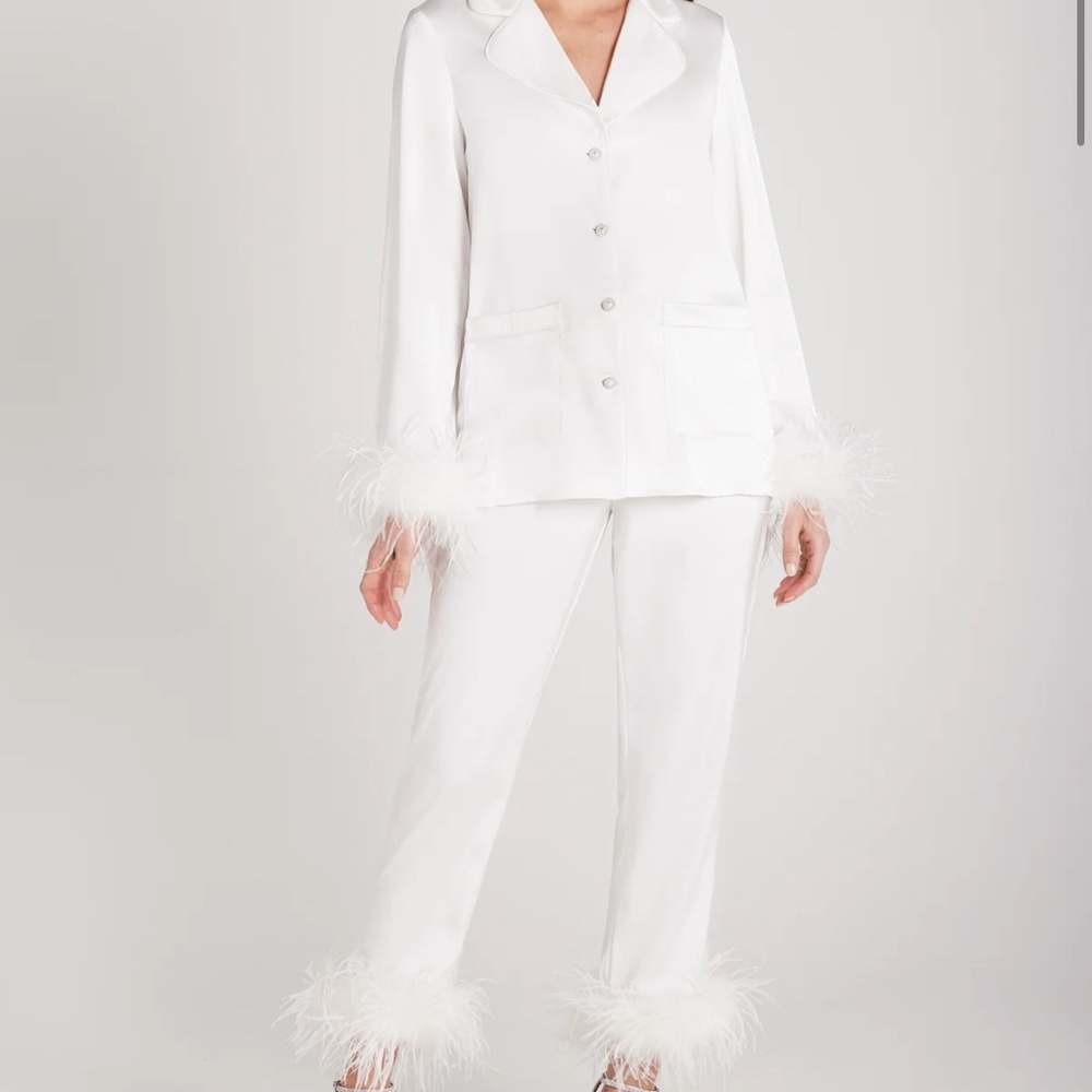NADINE MERABI White Feather Trim Satin Pajama Set